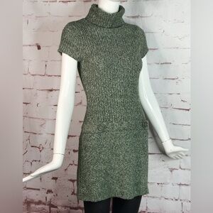 JJ BASICS M Knit Sweater Mini Dress Olive Green Marled Knit Short Sleeve Medium